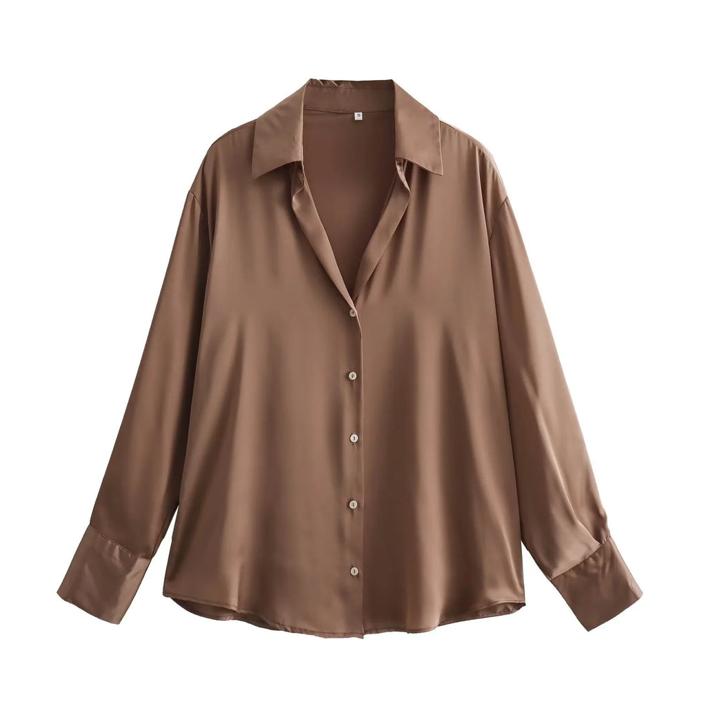 Satin Button Up Relaxed Long Sleeve Shirt - Brown - 1