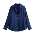 Satin Button Up Relaxed Long Sleeve Shirt - DarkBlue