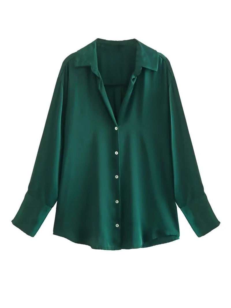 Satin Button Up Relaxed Long Sleeve Shirt - DkGreen