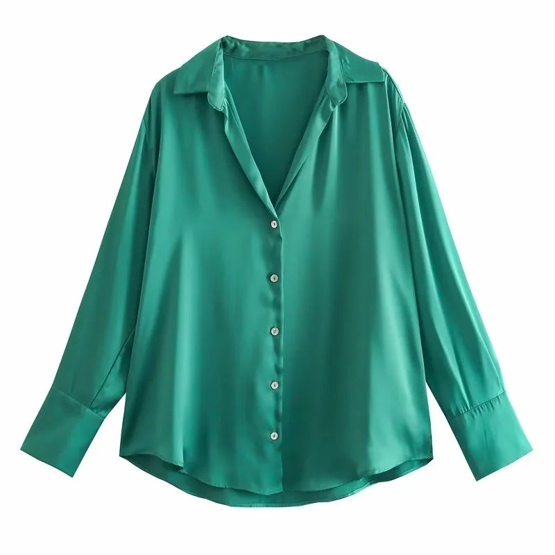 Satin Button Up Relaxed Long Sleeve Shirt - Green