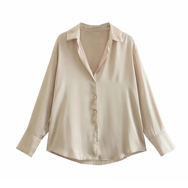 Satin Button Up Relaxed Long Sleeve Shirt - Khaki