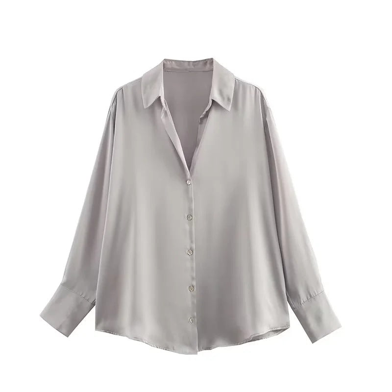 Satin Button Up Relaxed Long Sleeve Shirt - LtGray