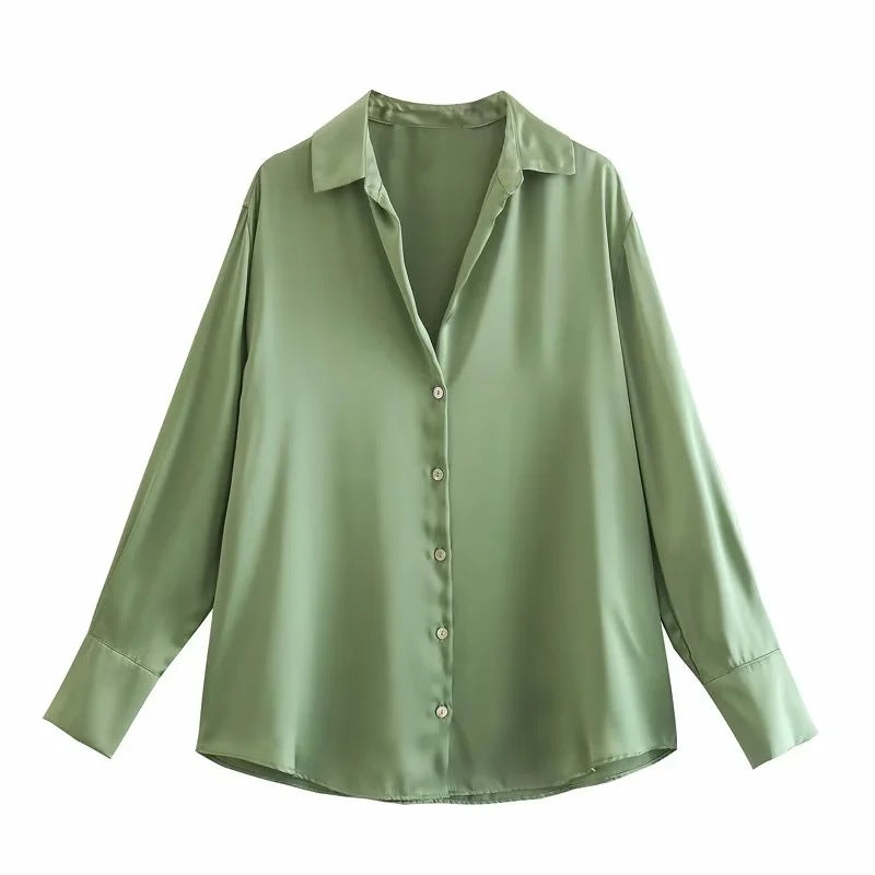 Satin Button Up Relaxed Long Sleeve Shirt - Matcha