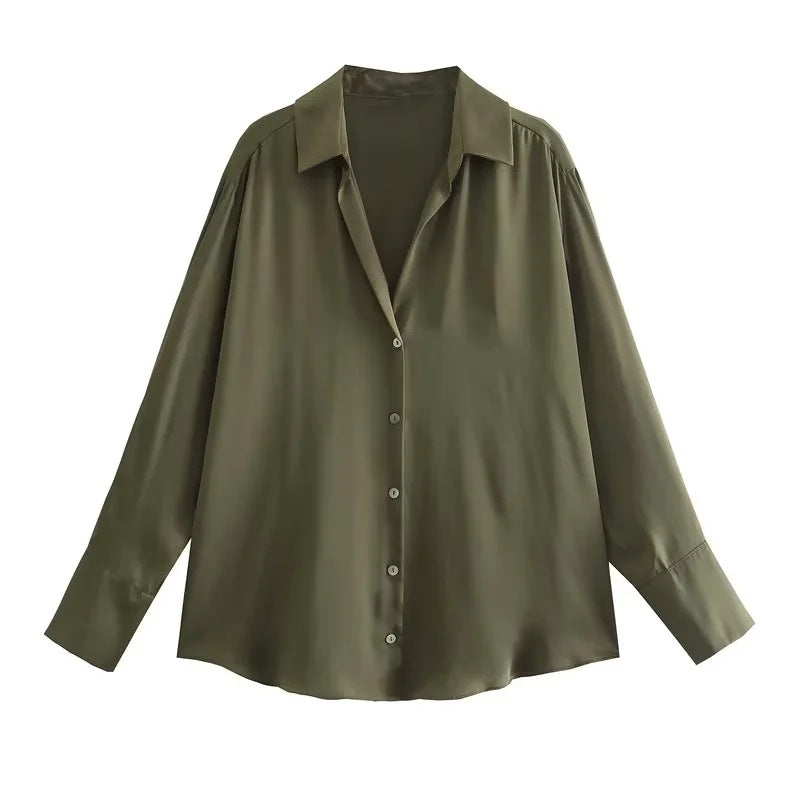 Satin Button Up Relaxed Long Sleeve Shirt - Olive