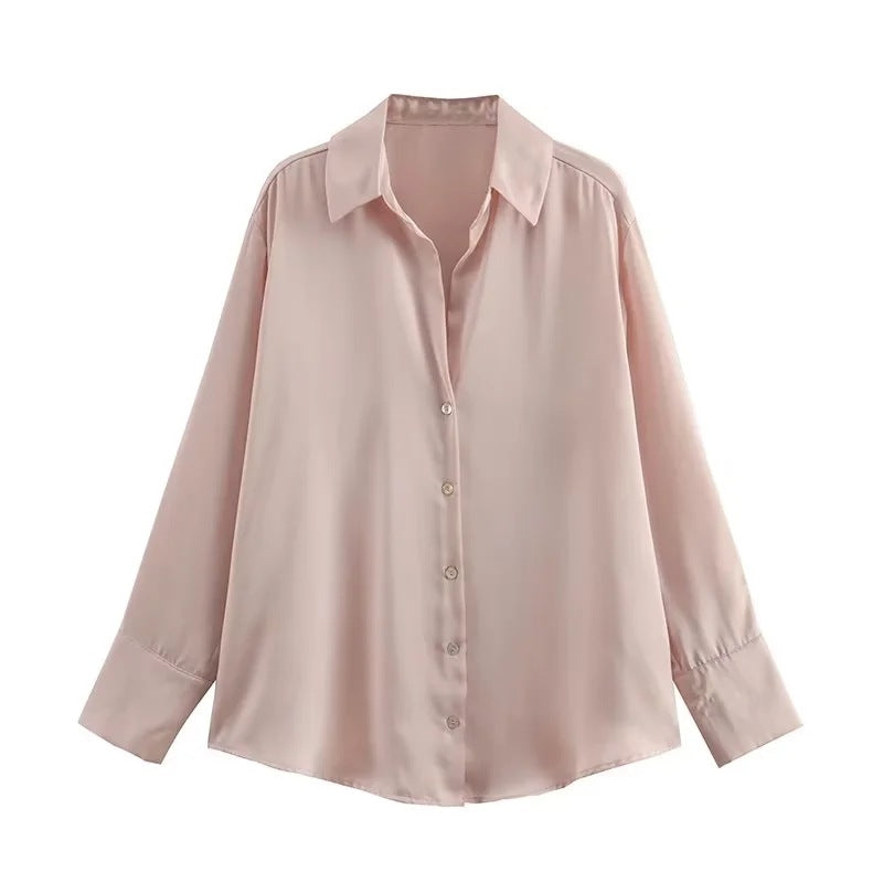 Satin Button Up Relaxed Long Sleeve Shirt - Pink