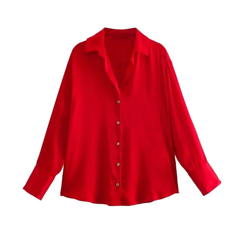 Satin Button Up Relaxed Long Sleeve Shirt - Red