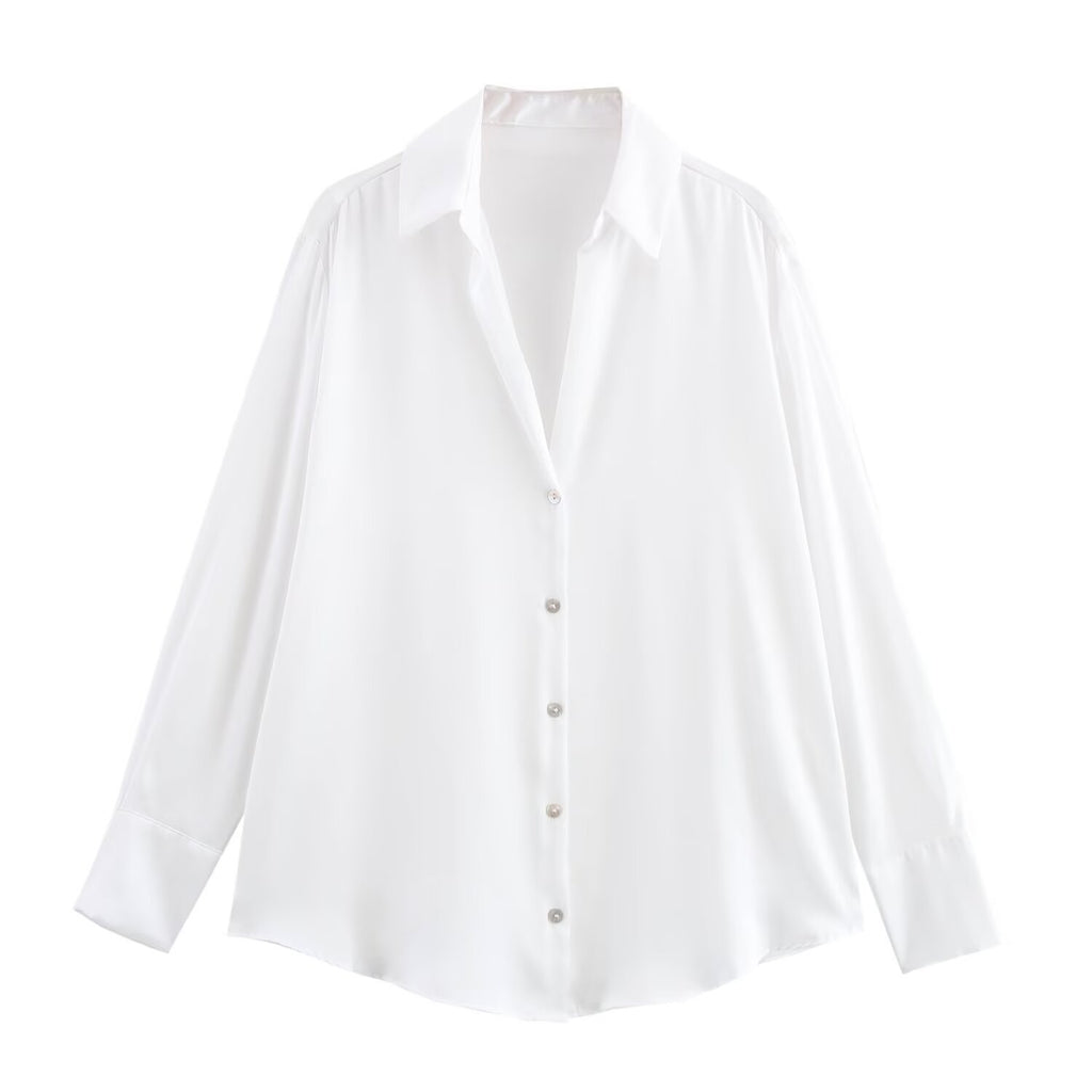 Satin Button Up Relaxed Long Sleeve Shirt - White