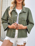 Frayed Patch Pocket Utility Denim Jacket - Green