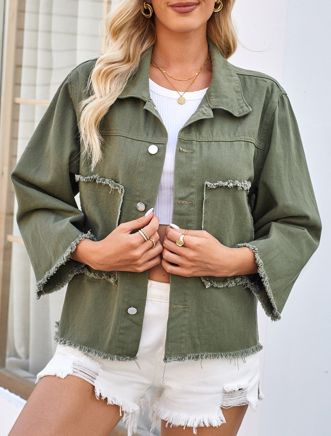 Frayed Patch Pocket Utility Denim Jacket - Green