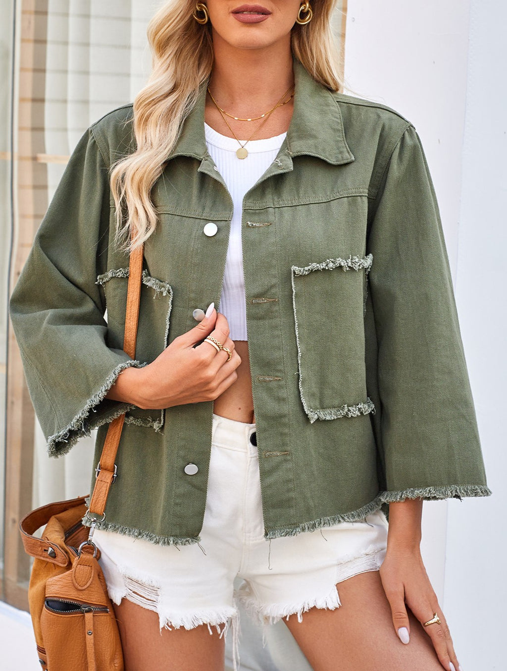 Frayed Patch Pocket Utility Denim Jacket - Green - 1
