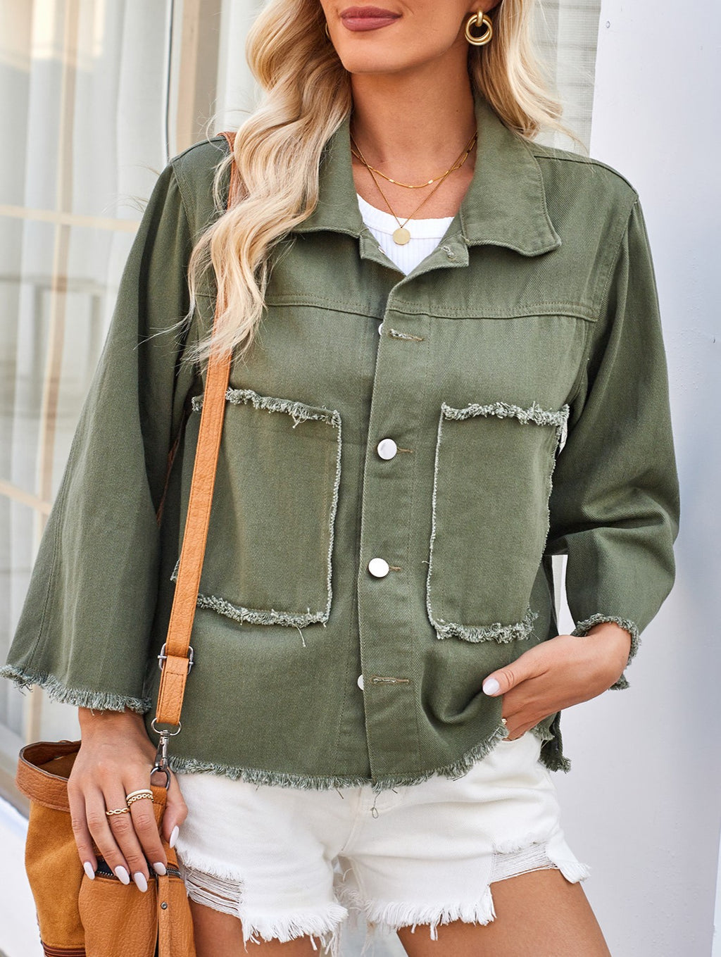 Frayed Patch Pocket Utility Denim Jacket - Green - 2