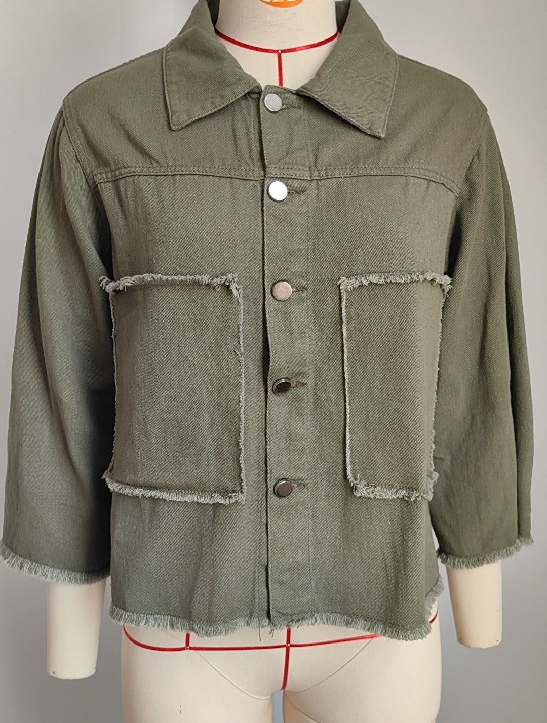 Frayed Patch Pocket Utility Denim Jacket - Green - 3
