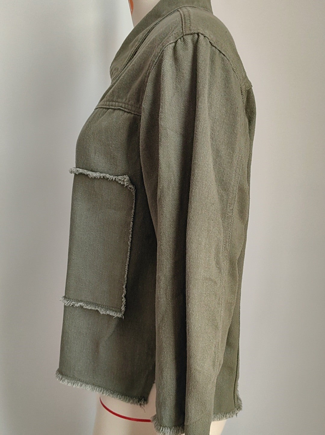 Frayed Patch Pocket Utility Denim Jacket - Green - 4