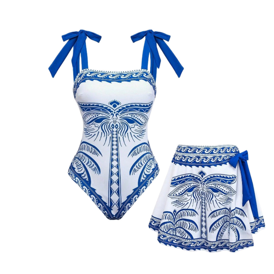 Palm Motif Skirted One Piece Swimsuit - Blue - 1