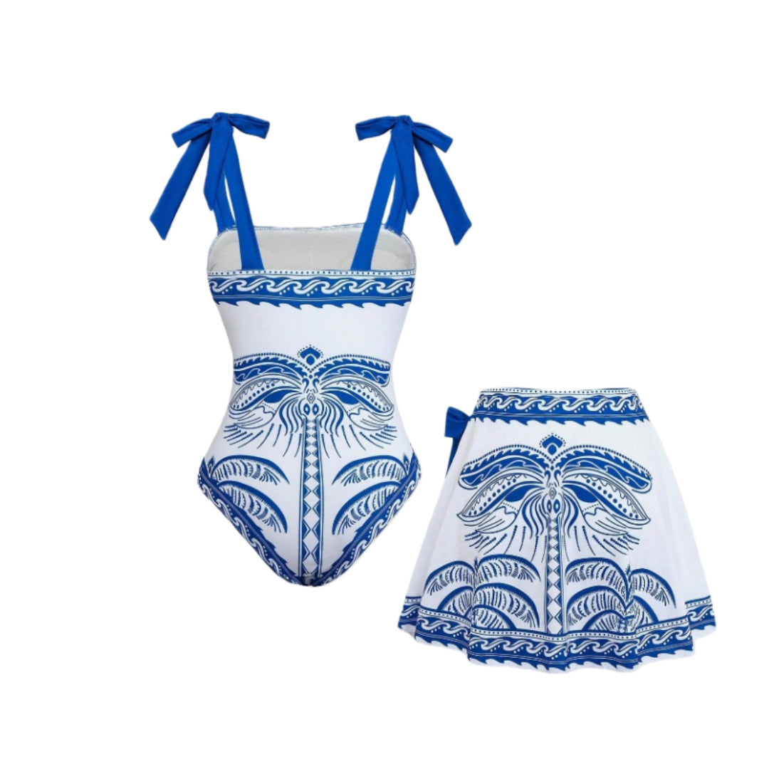 Palm Motif Skirted One Piece Swimsuit - Blue - 2