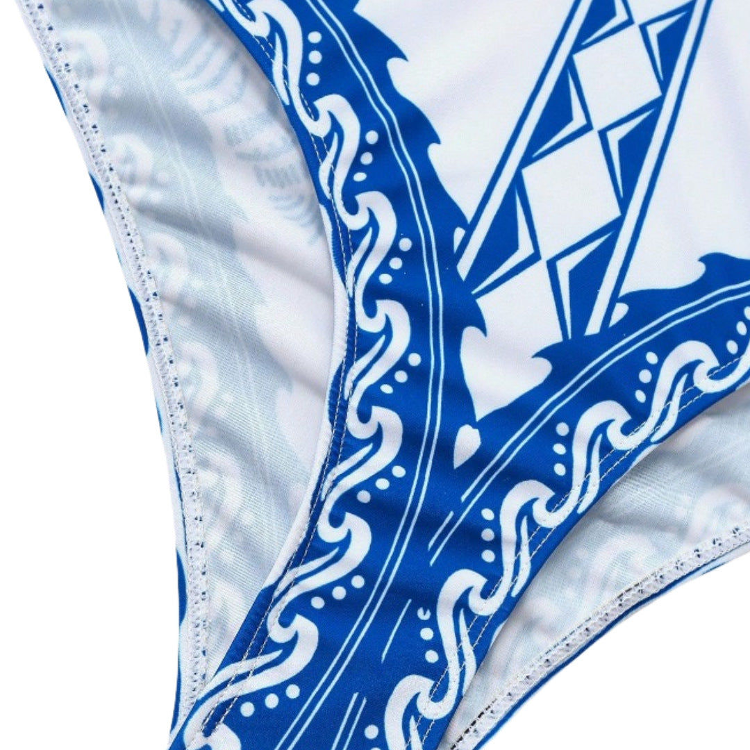 Palm Motif Skirted One Piece Swimsuit - Blue - 3