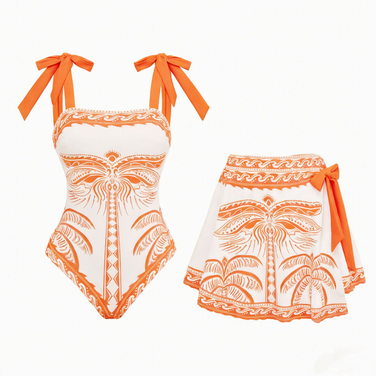 Palm Motif Skirted One Piece Swimsuit - Orange