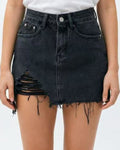 Frayed Hem Denim Mini Skirt With Front Rips - Black