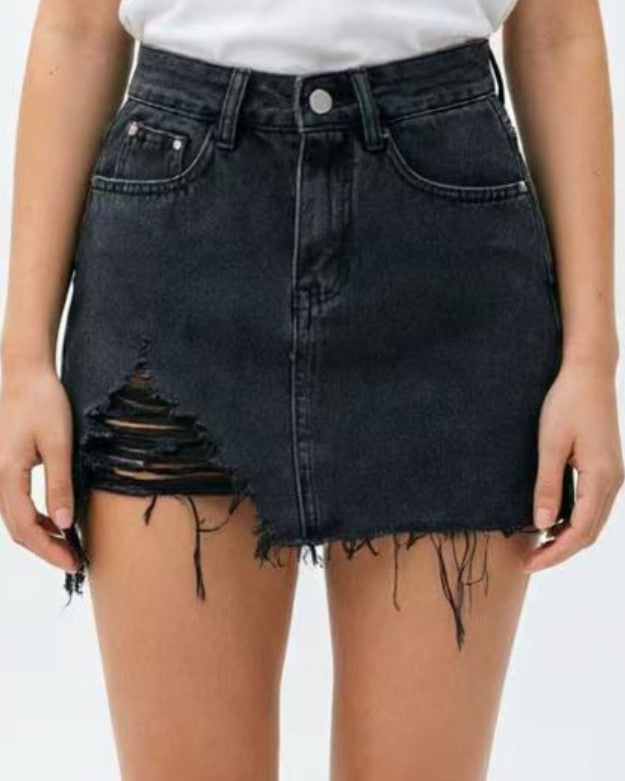 Frayed Hem Denim Mini Skirt With Front Rips - Black