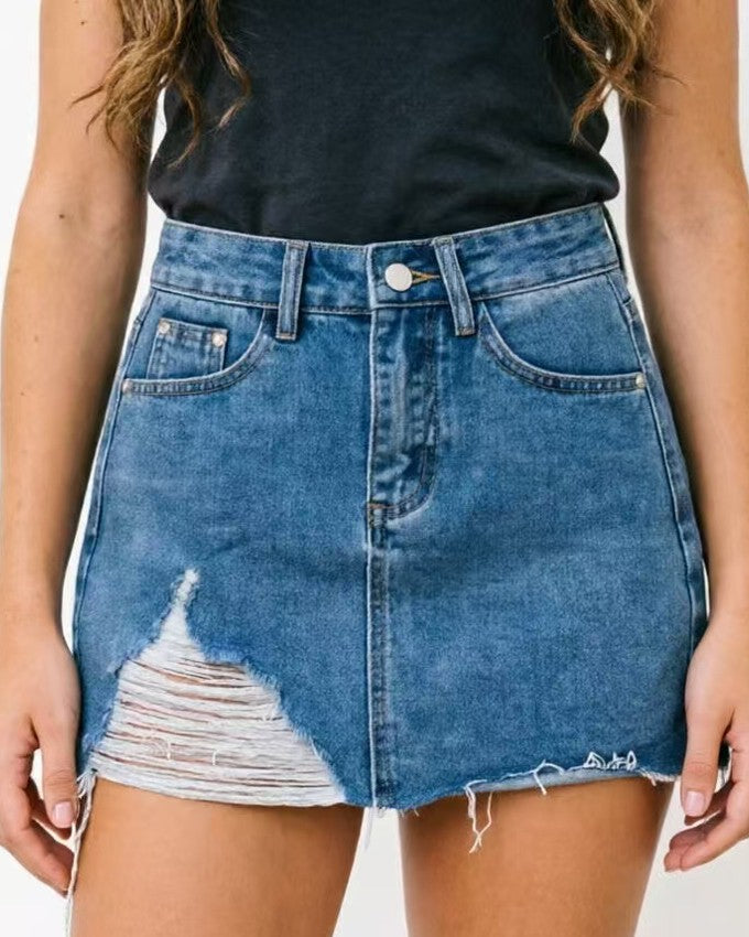 Frayed Hem Denim Mini Skirt With Front Rips - Blue