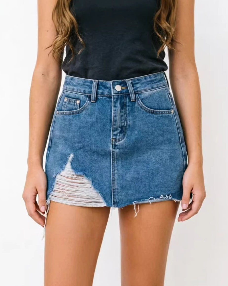 Frayed Hem Denim Mini Skirt With Front Rips