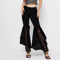 Velvet Lace Panel Flared Trousers - Black