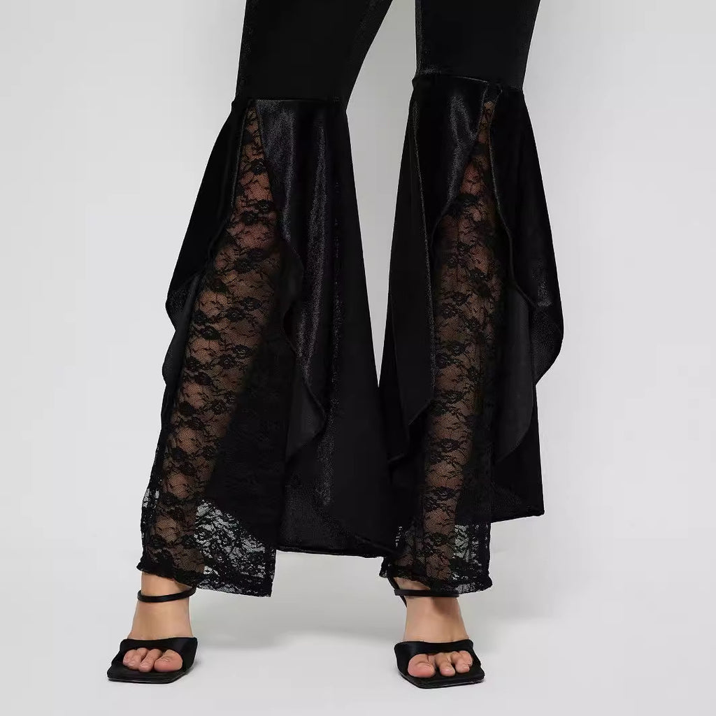 Velvet Lace Panel Flared Trousers - Black - 1