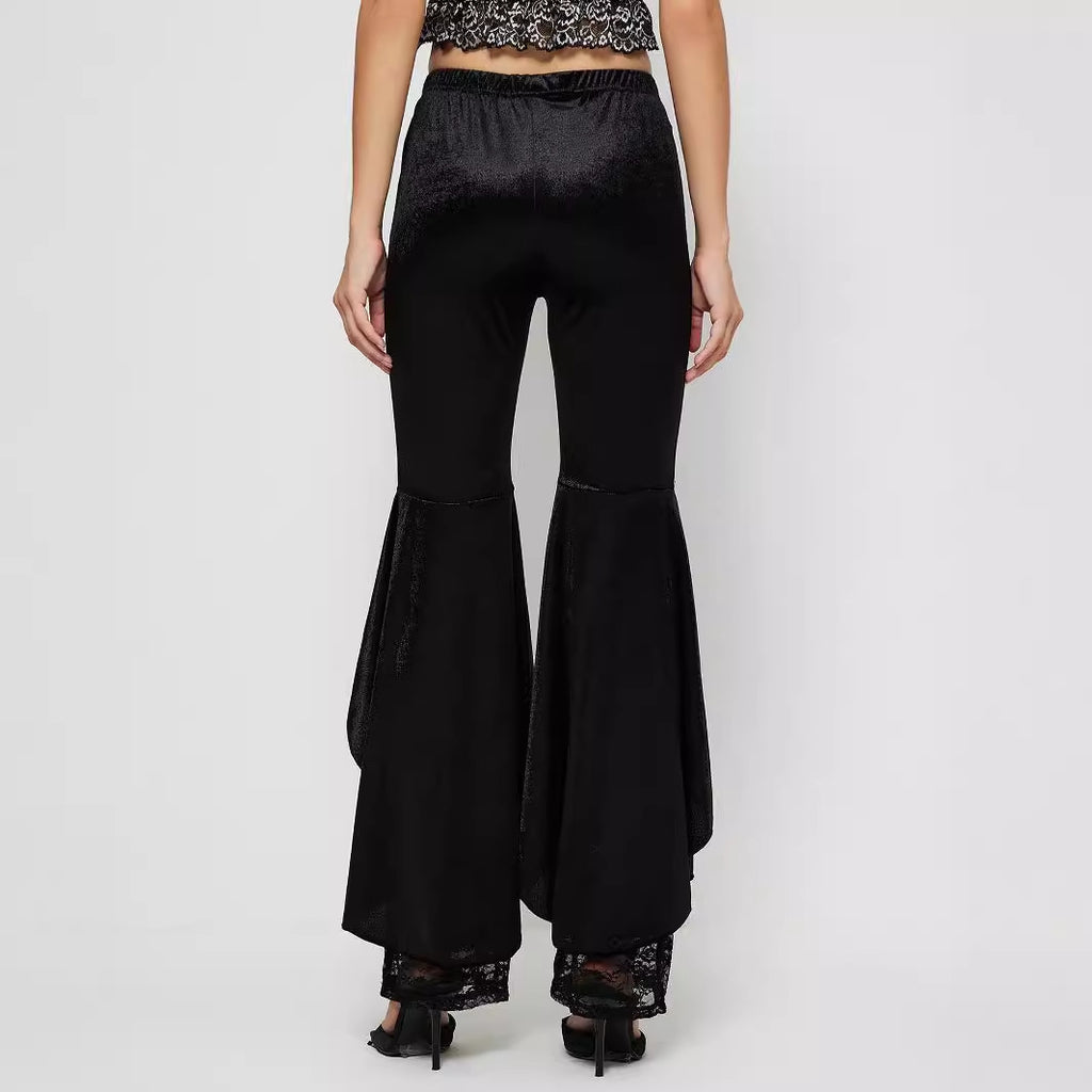 Velvet Lace Panel Flared Trousers - Black - 3
