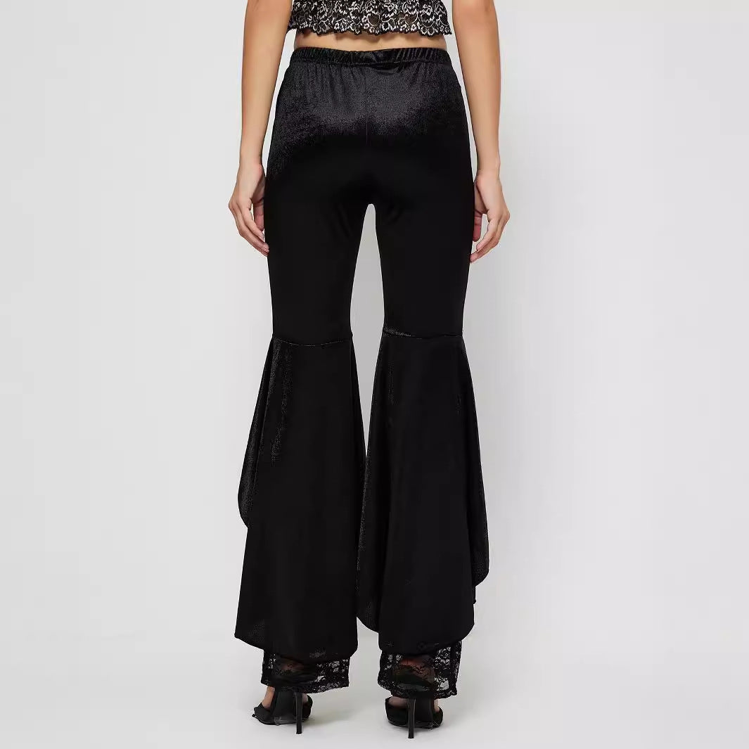 Velvet Lace Panel Flared Trousers - Black - 3