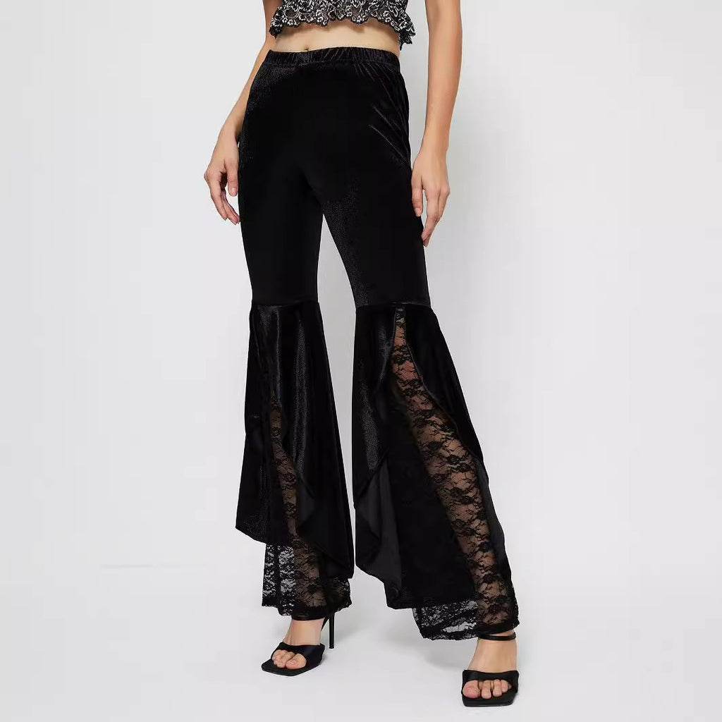 Velvet Lace Panel Flared Trousers - Black - 4