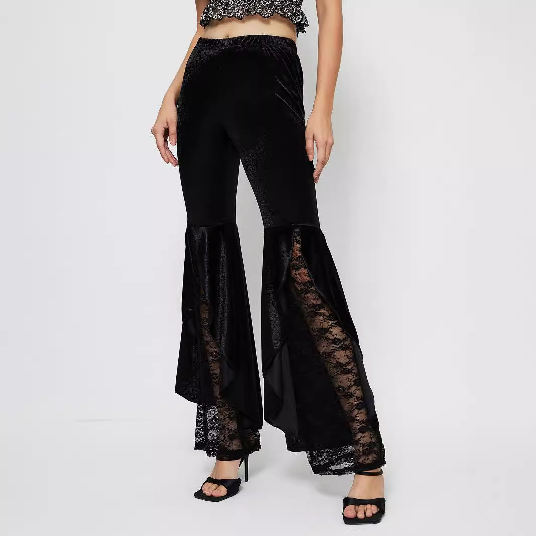 Velvet Lace Panel Flared Trousers - Black - 4