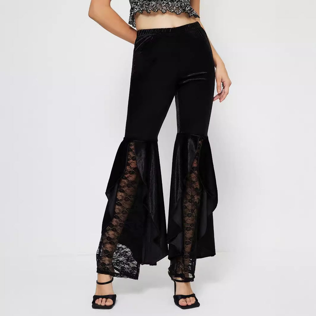 Velvet Lace Panel Flared Trousers