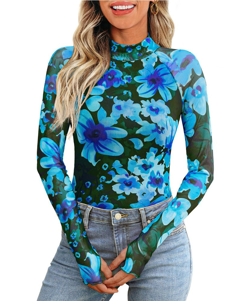 Sheer Floral Mesh Mock-Neck Blouse - Blue - 1