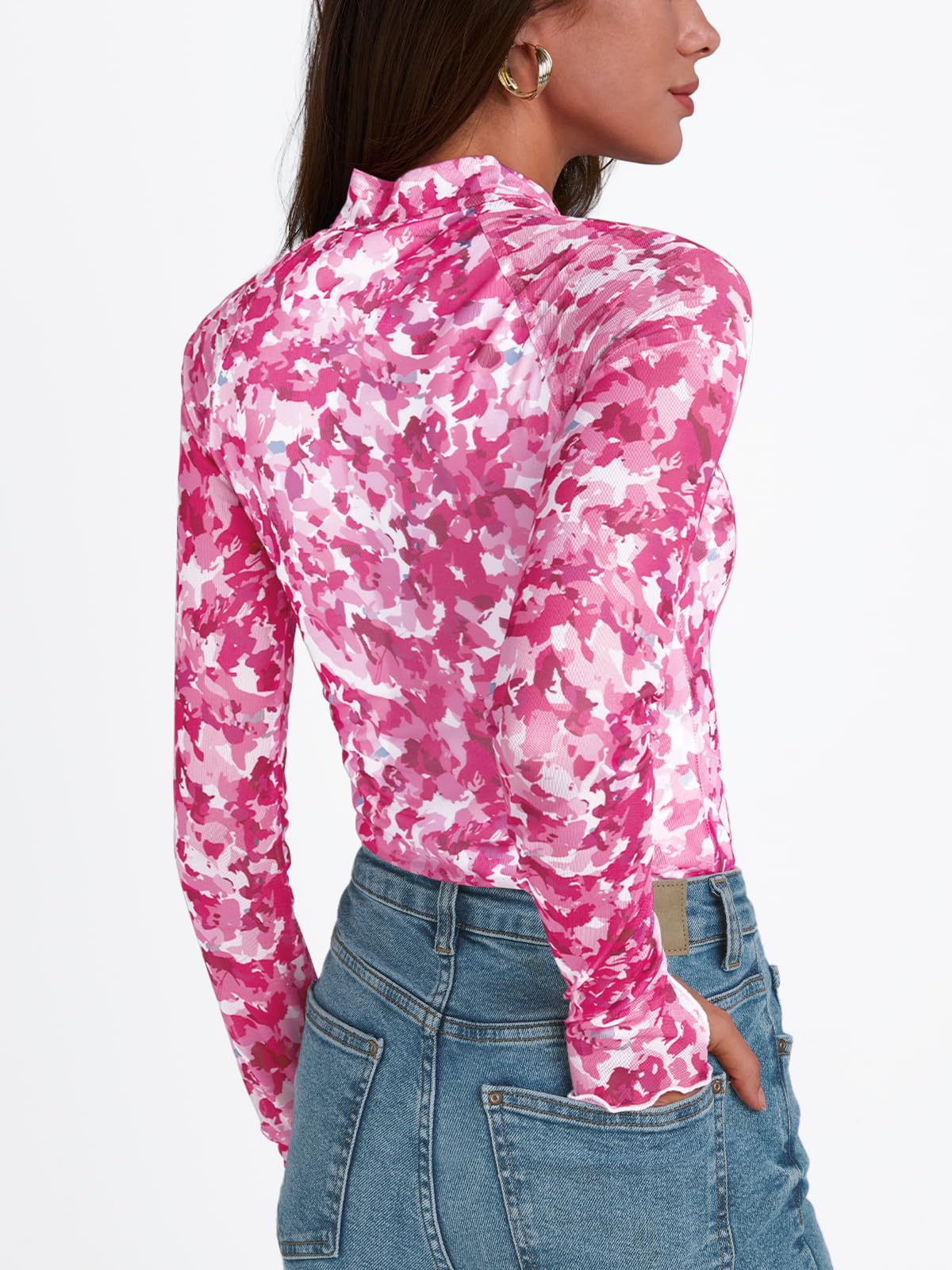 Sheer Floral Mesh Mock-Neck Blouse - Rose - 2
