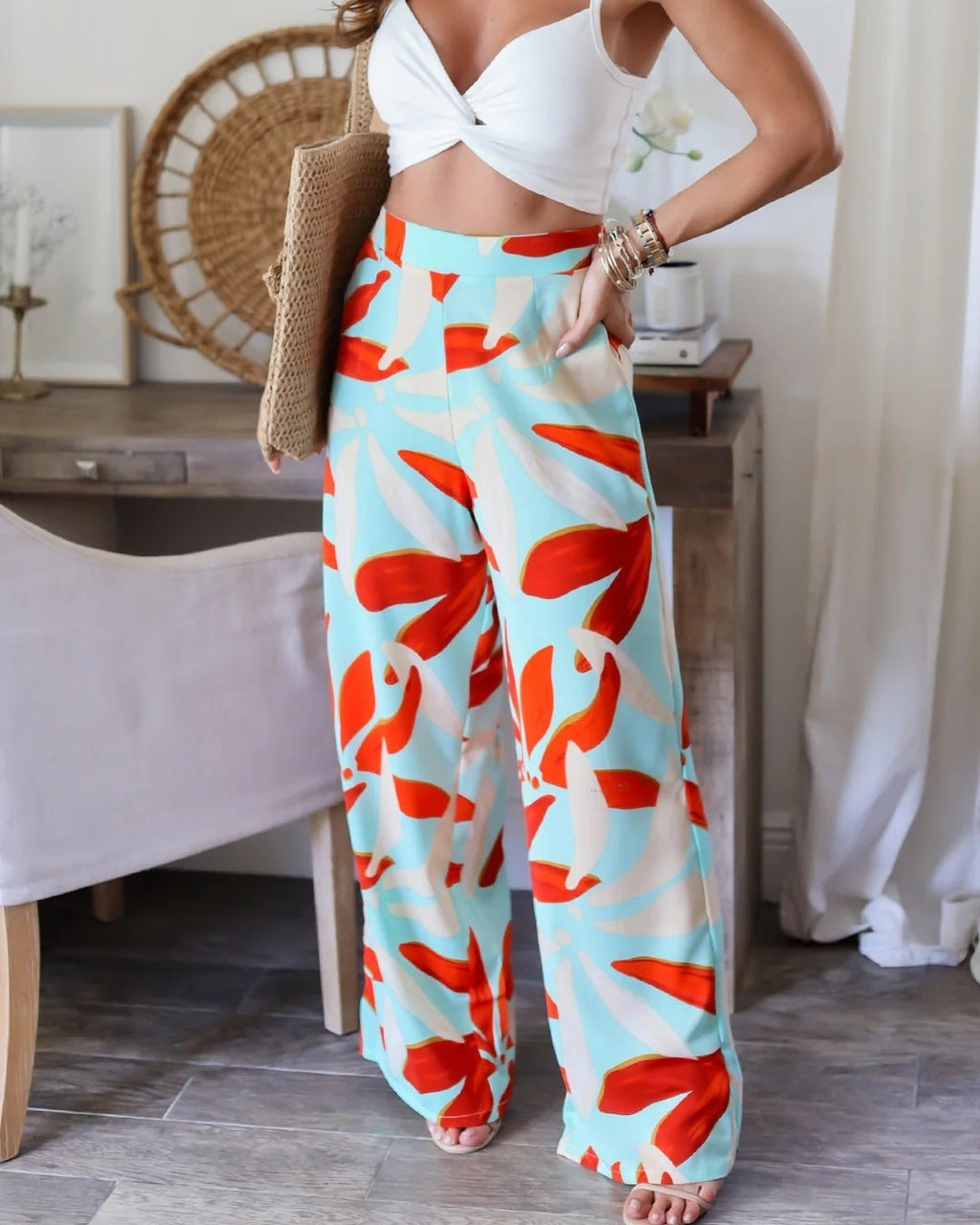 Bold Leaf Print Wide Leg Pants - Decor