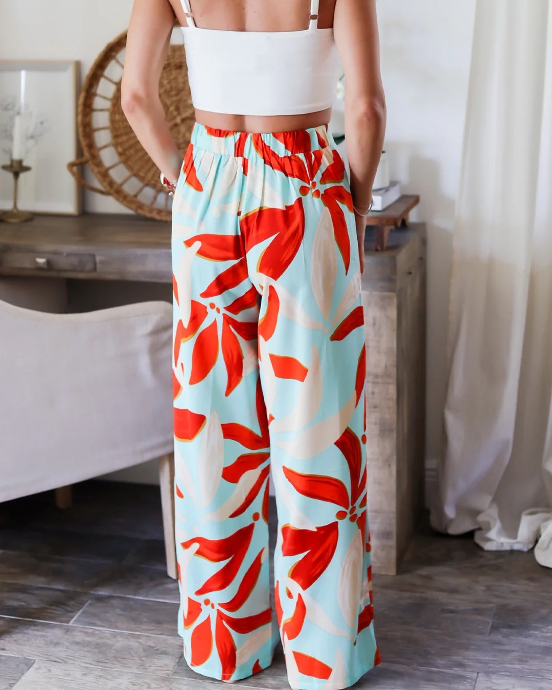 Bold Leaf Print Wide Leg Pants - Decor - 3