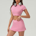 Piped Crop Tee Workout Set With Skort or Flares - Pink Skort