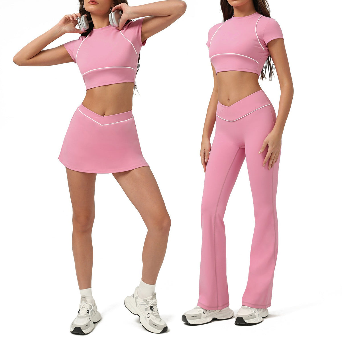 Piped Crop Tee Workout Set With Skort or Flares