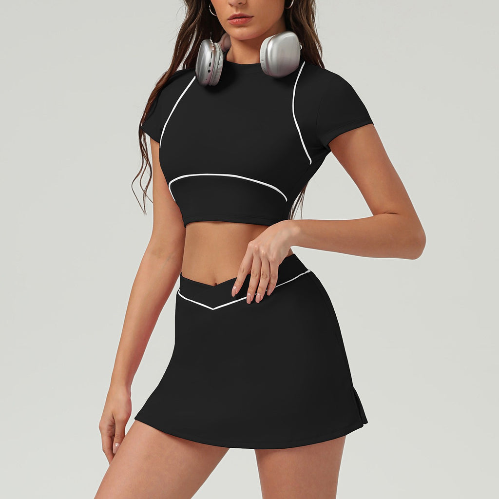 Piped Crop Tee Workout Set With Skort or Flares