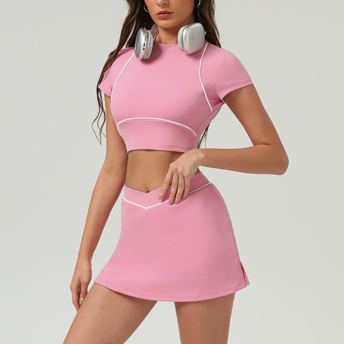Piped Crop Tee Workout Set With Skort or Flares