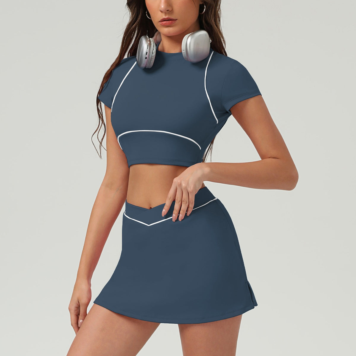 Piped Crop Tee Workout Set With Skort or Flares