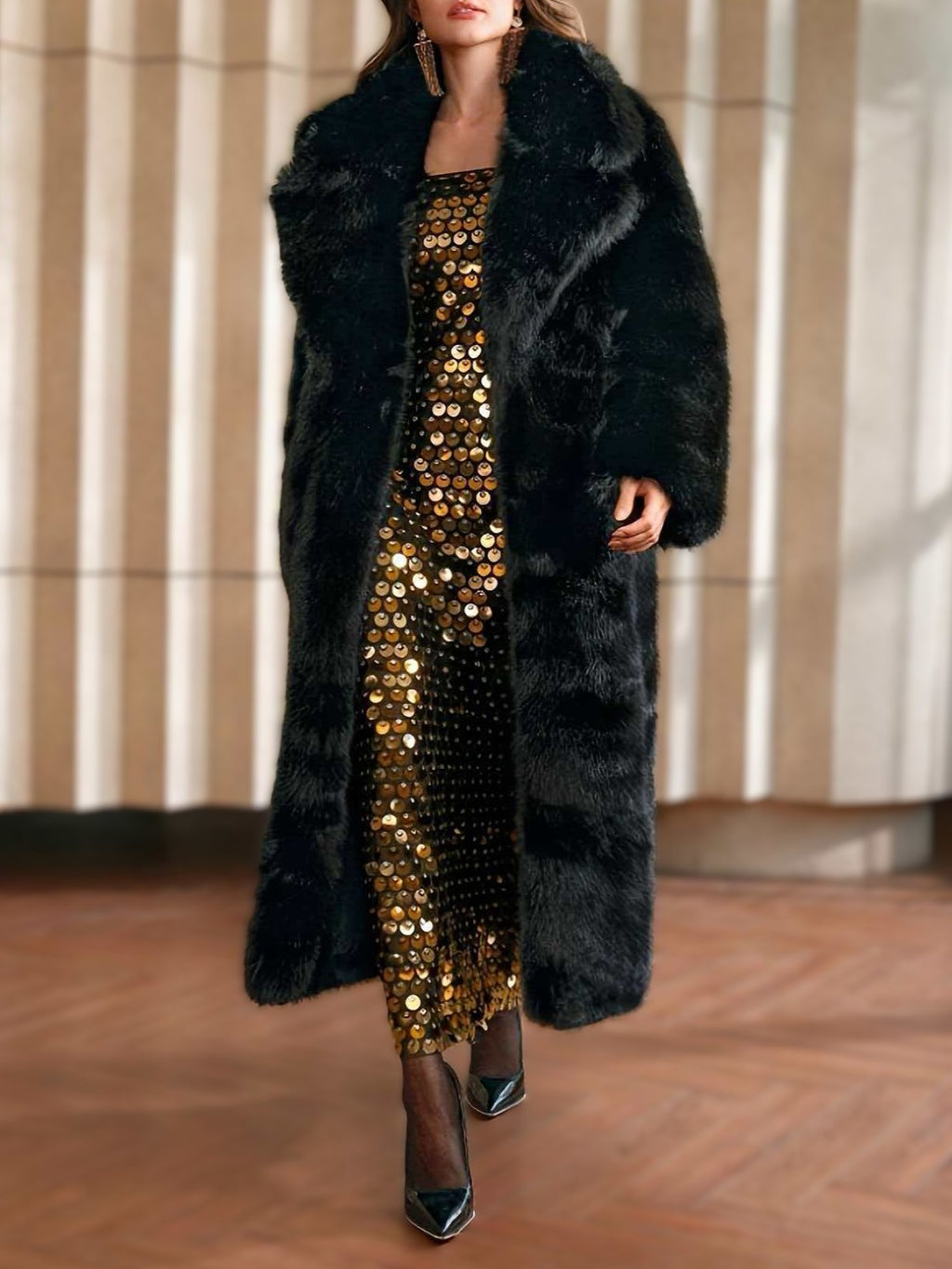 Shaggy Faux Fur Wide Lapel Longline Coat - Black