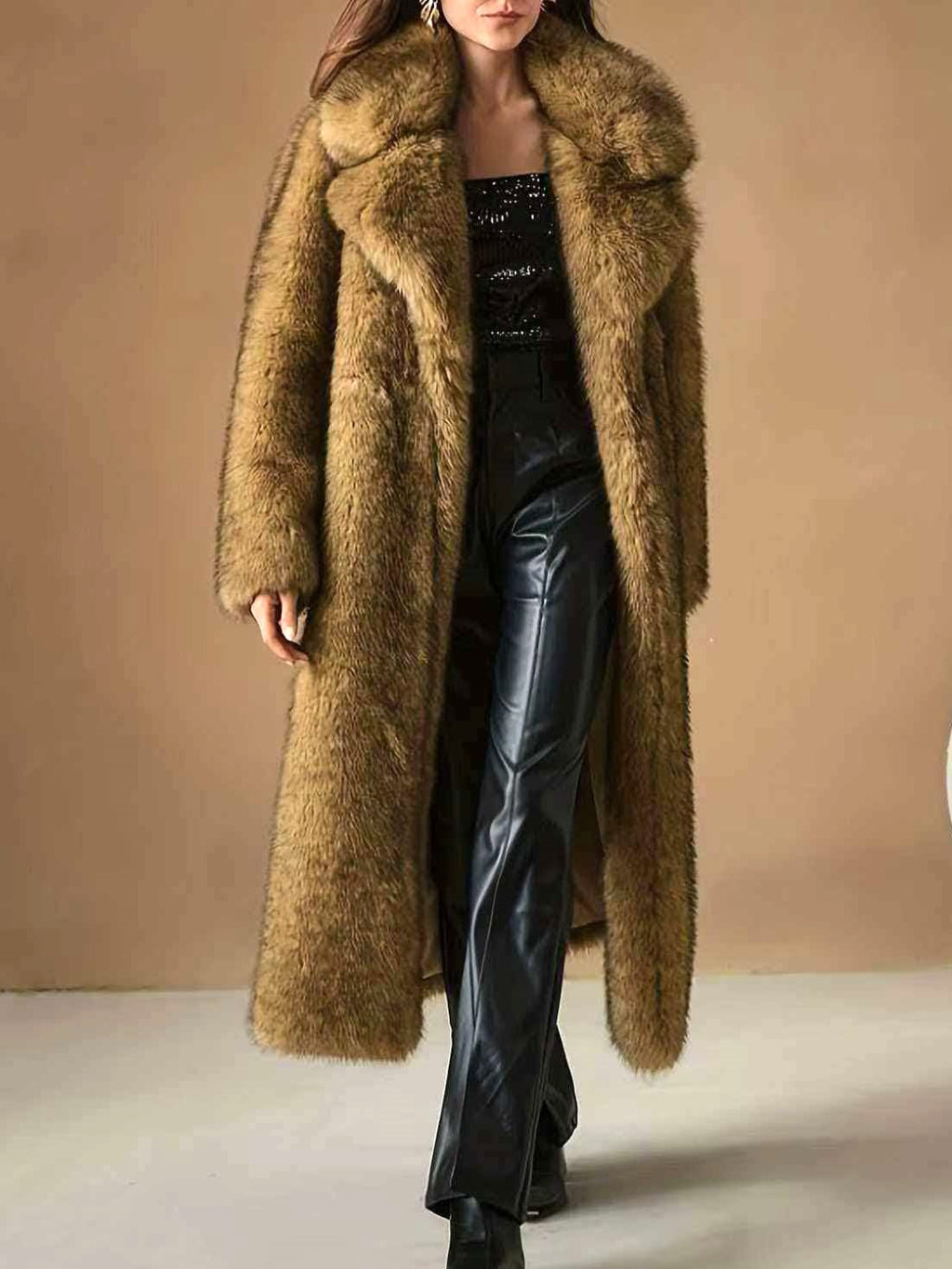 Shaggy Faux Fur Wide Lapel Longline Coat - Brown