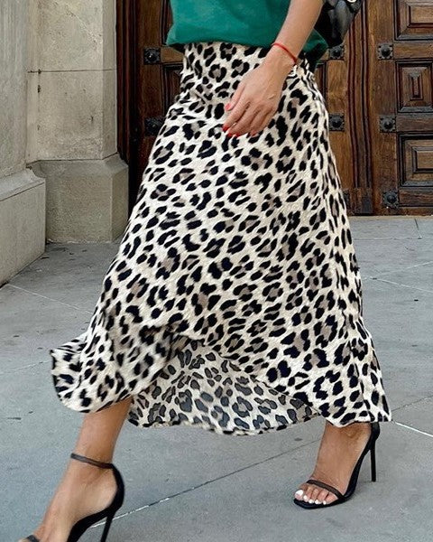 Leopard Print Satin Bias Midi Skirt - Leopard