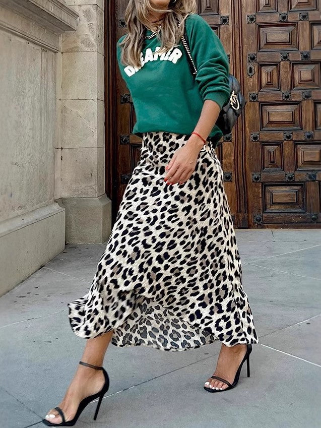 Leopard Print Satin Bias Midi Skirt - Leopard - 1