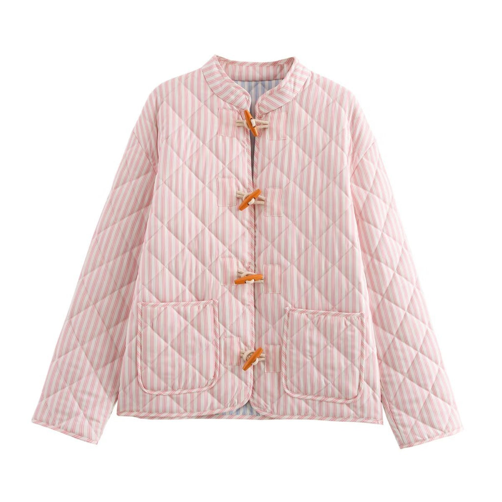 Striped Quilted Toggle Button Cropped Coat - pink