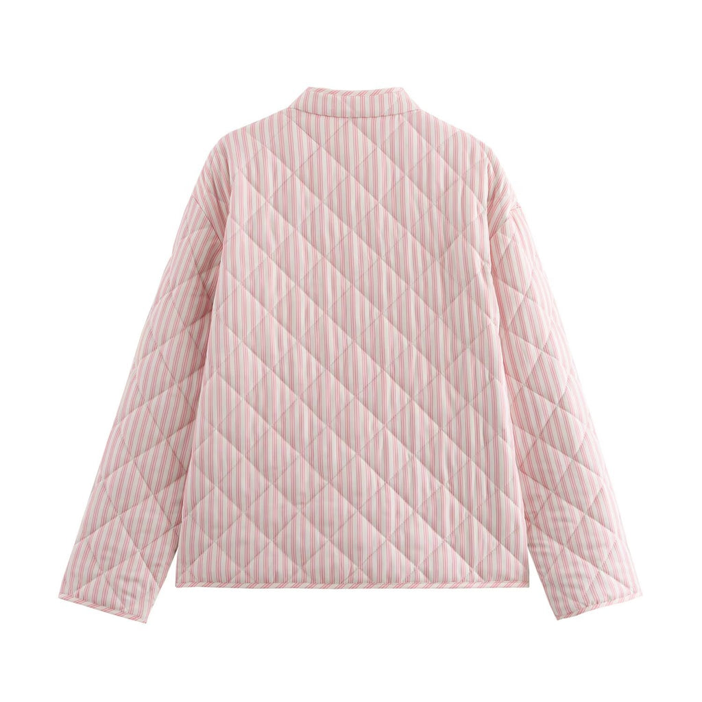 Striped Quilted Toggle Button Cropped Coat - pink - 1