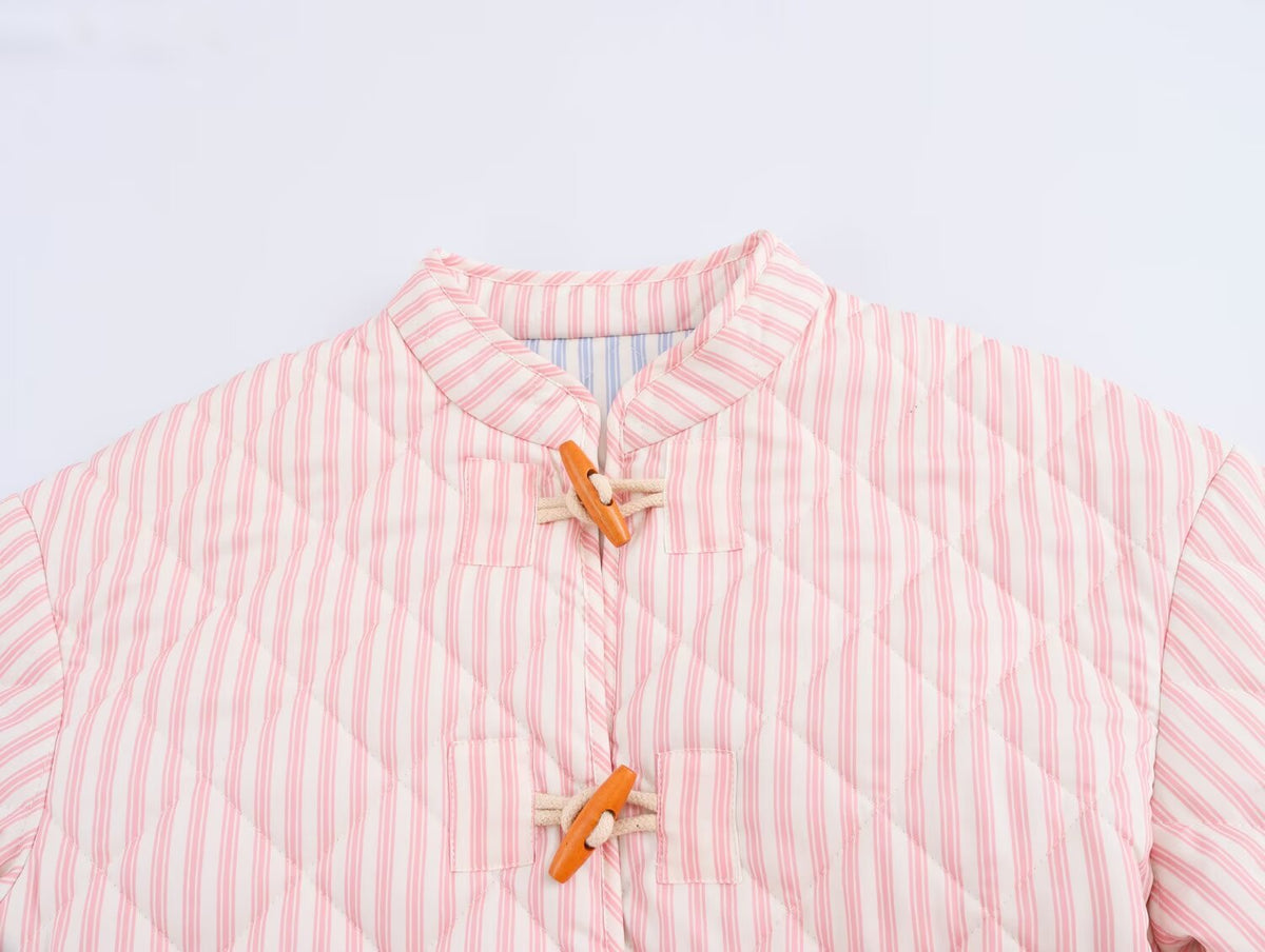Striped Quilted Toggle Button Cropped Coat - pink - 2