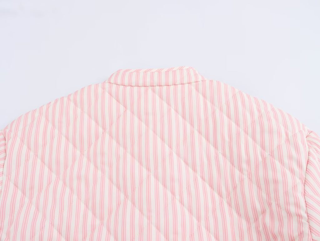 Striped Quilted Toggle Button Cropped Coat - pink - 3