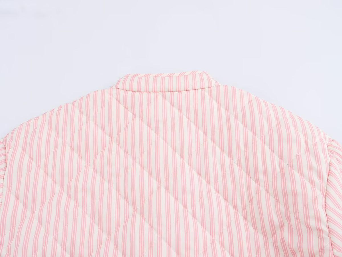 Striped Quilted Toggle Button Cropped Coat - pink - 3